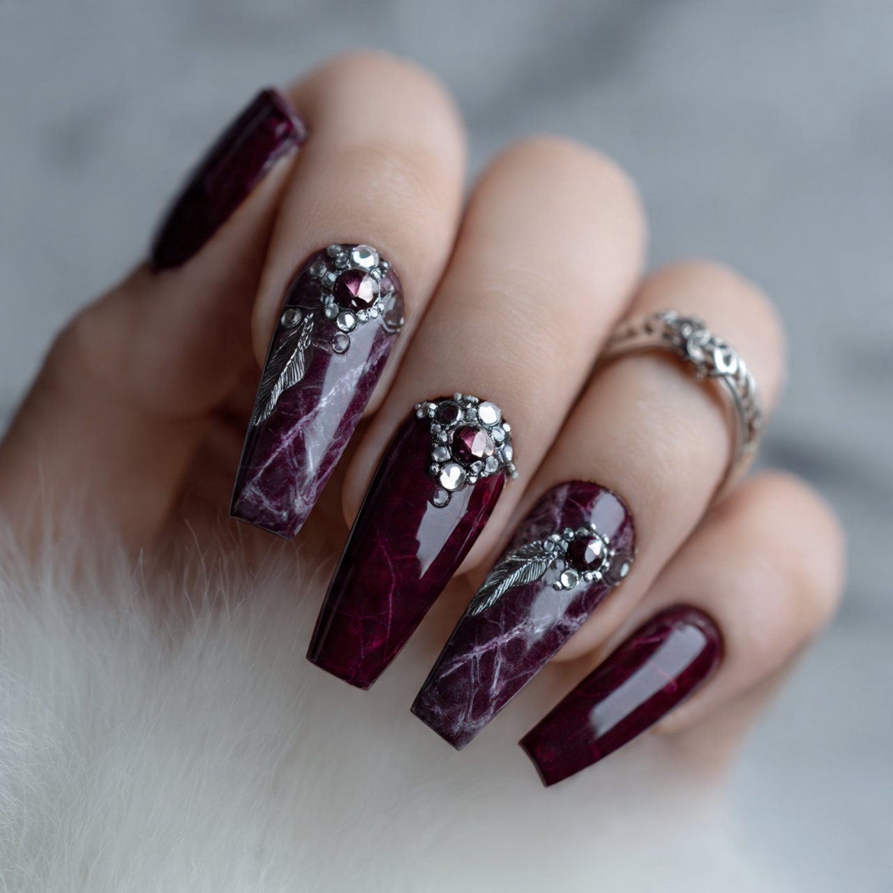 deep burgundy with silver accents nature look nail