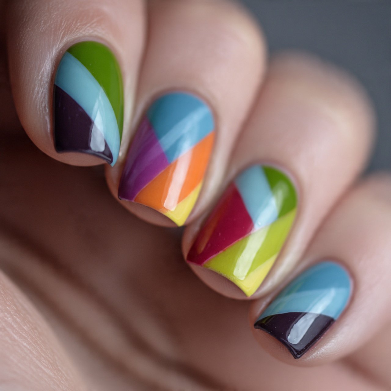 diagonal color block stripes two tone split nails