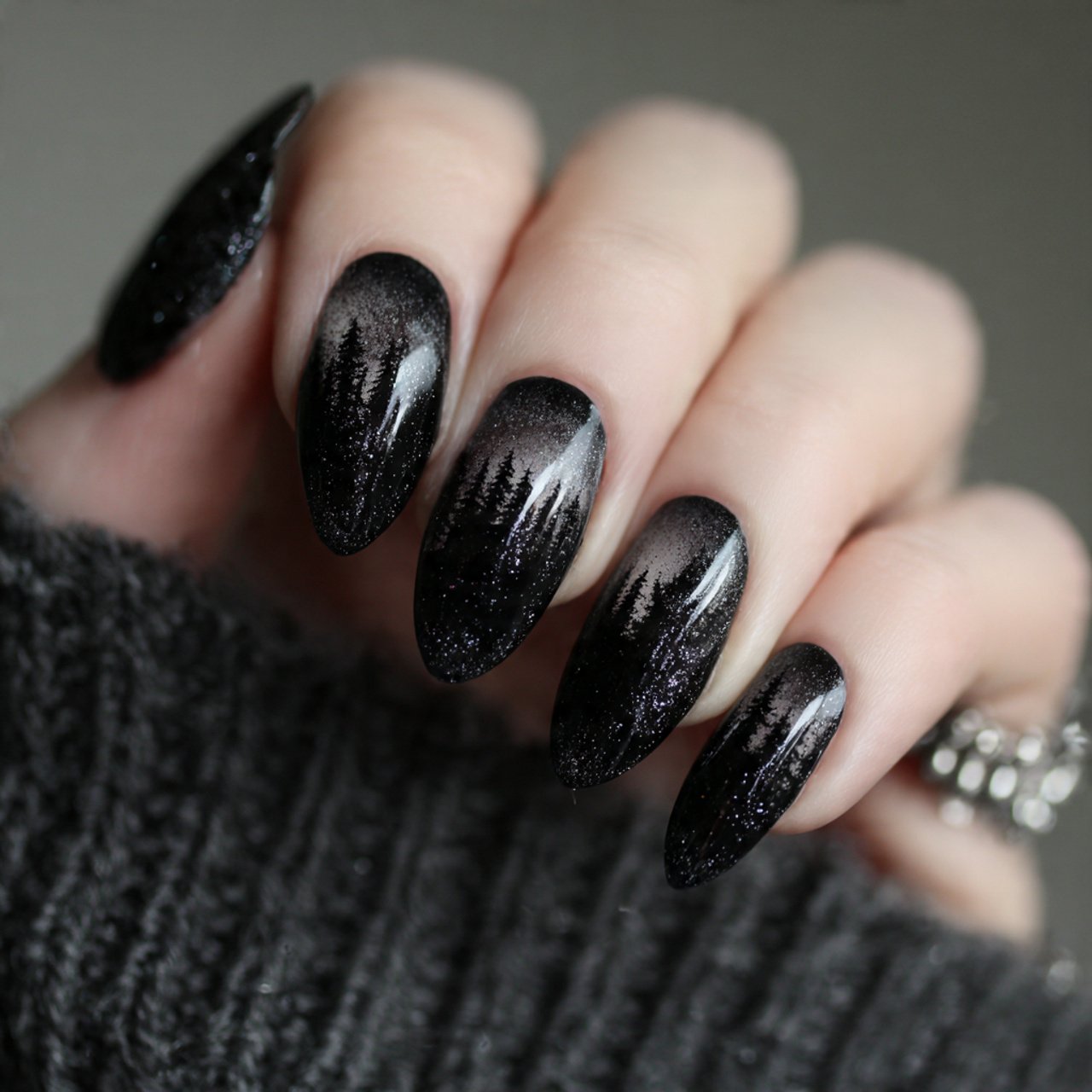 dripping black glitter nature looks nails