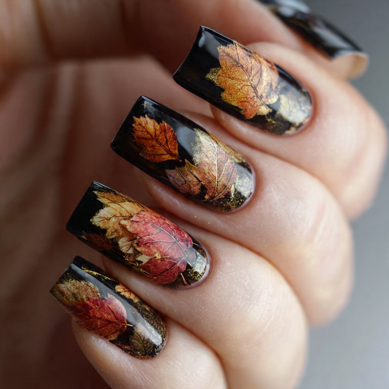 fallen leaves with dark base nature looks nails