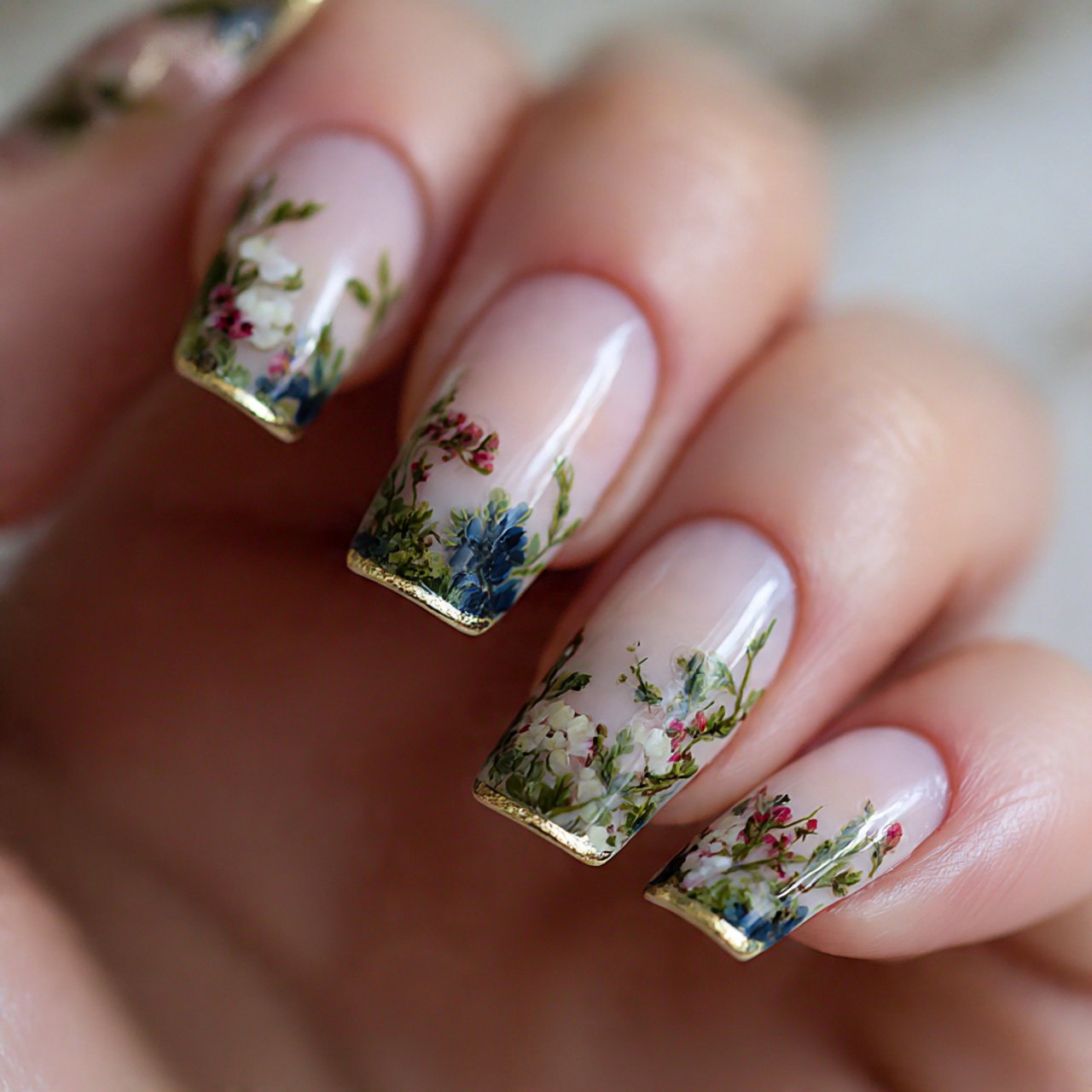 floral french tips nature looks nails