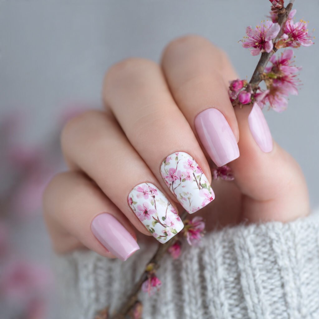 floral pink and white nails nature look background