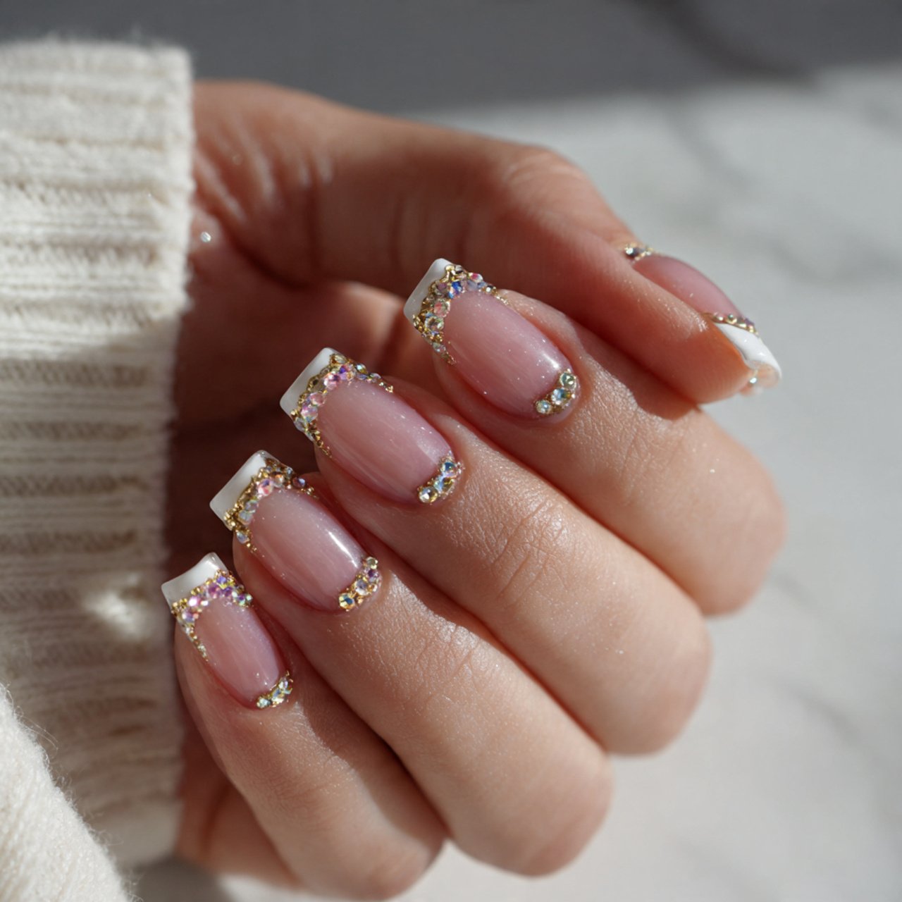 french tips with rhinestone accents nature look na
