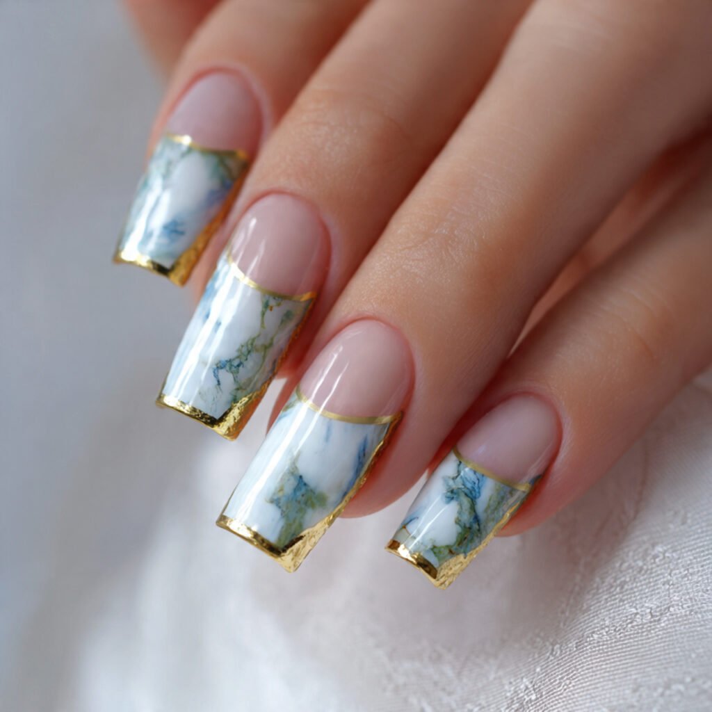 french tips with marble effect nature looks