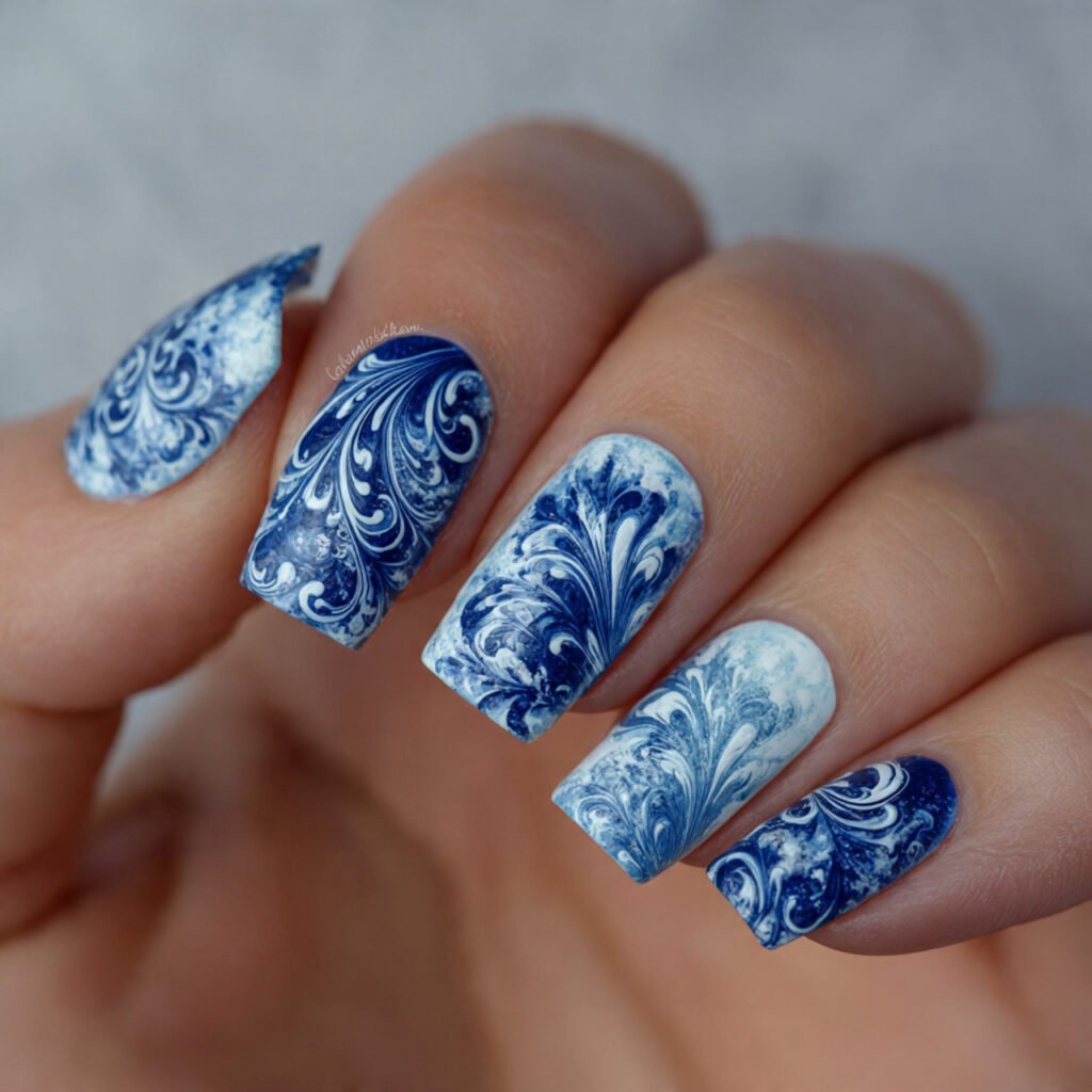 frosty blue white swirls attractive nails