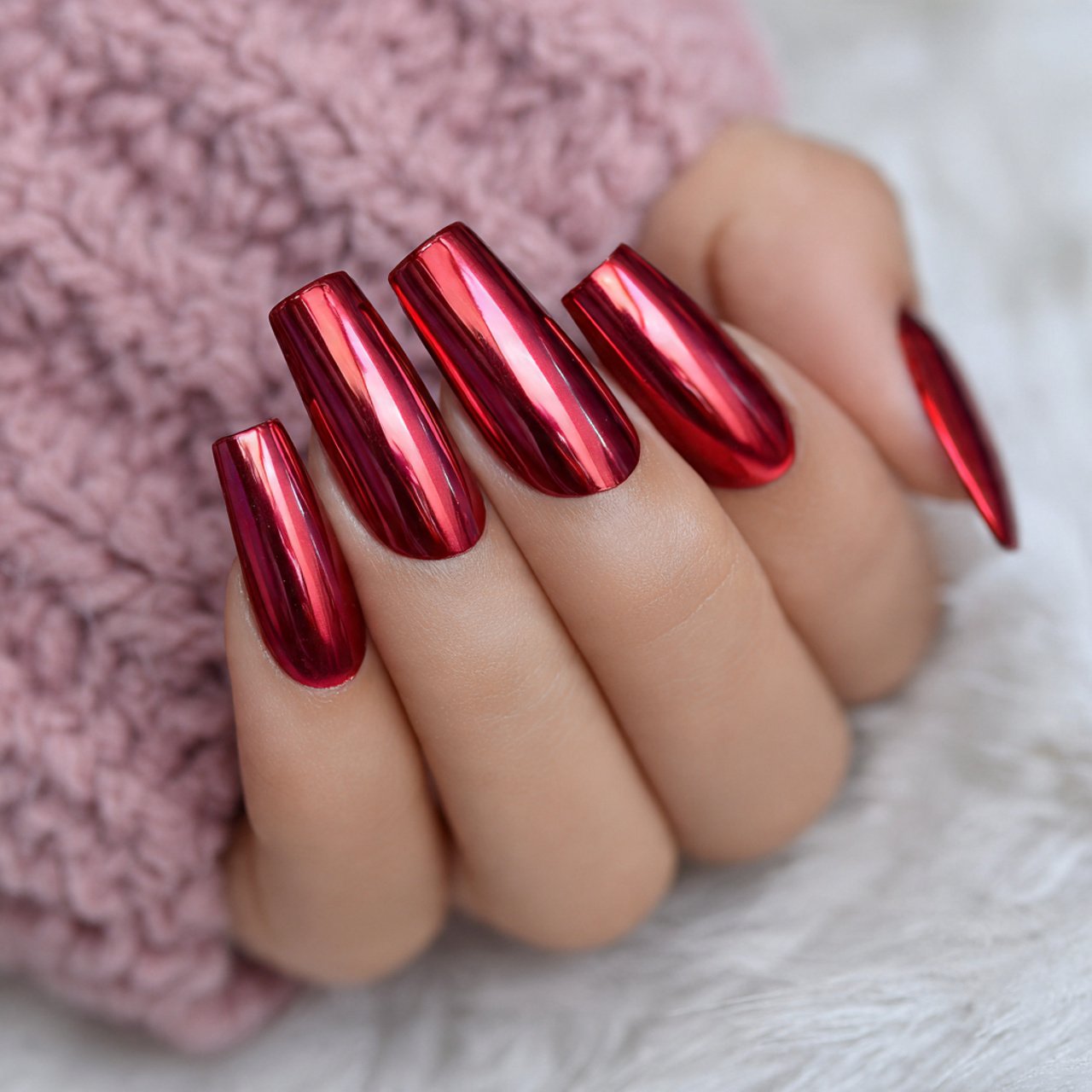 full red chrome gloss attractive nails