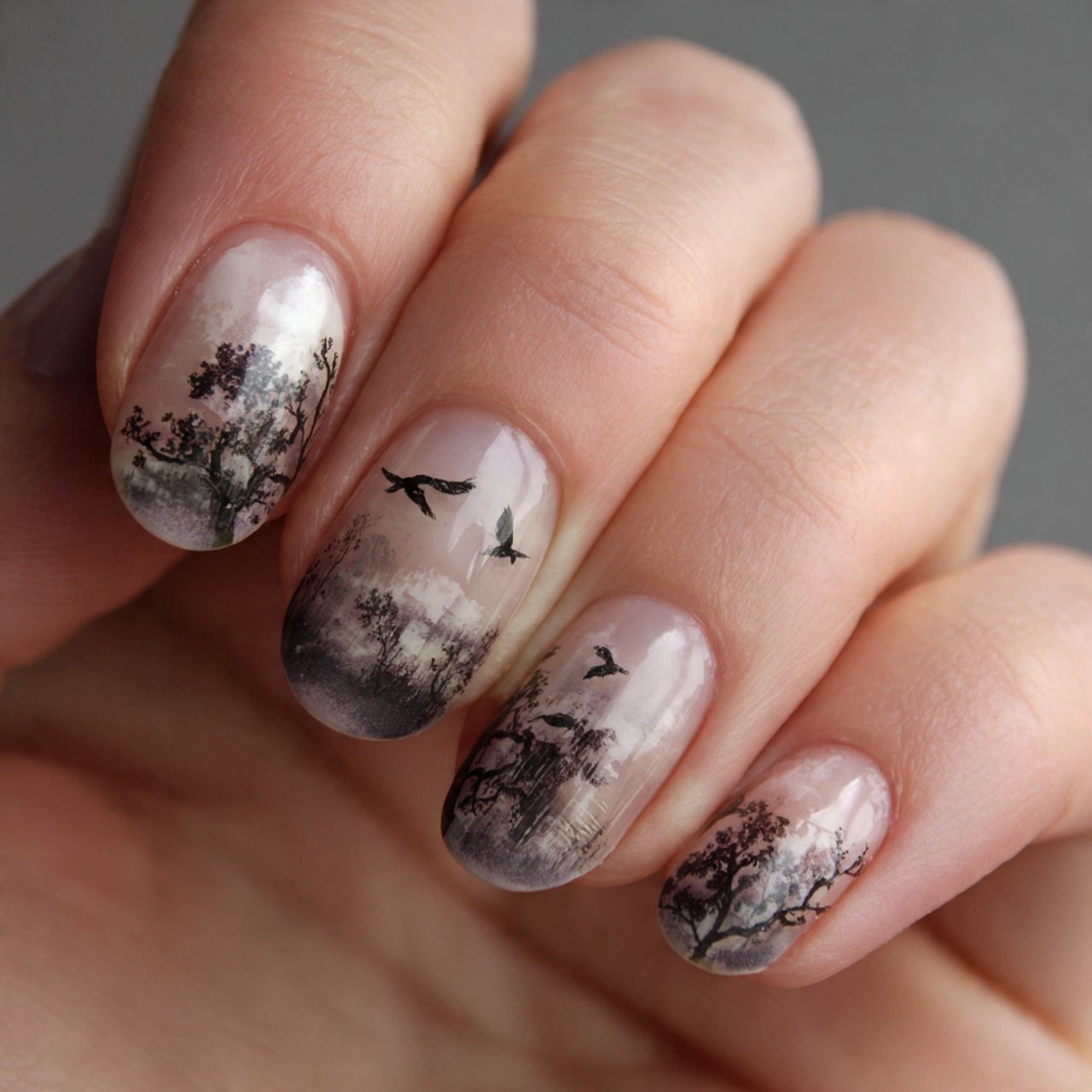 ghost faces on clear base nature looks nails