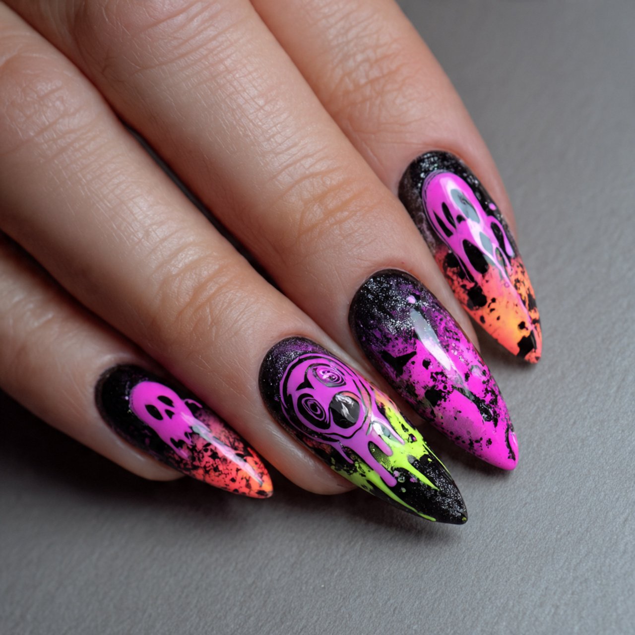ghost faces with neon accents nature looks nails 1