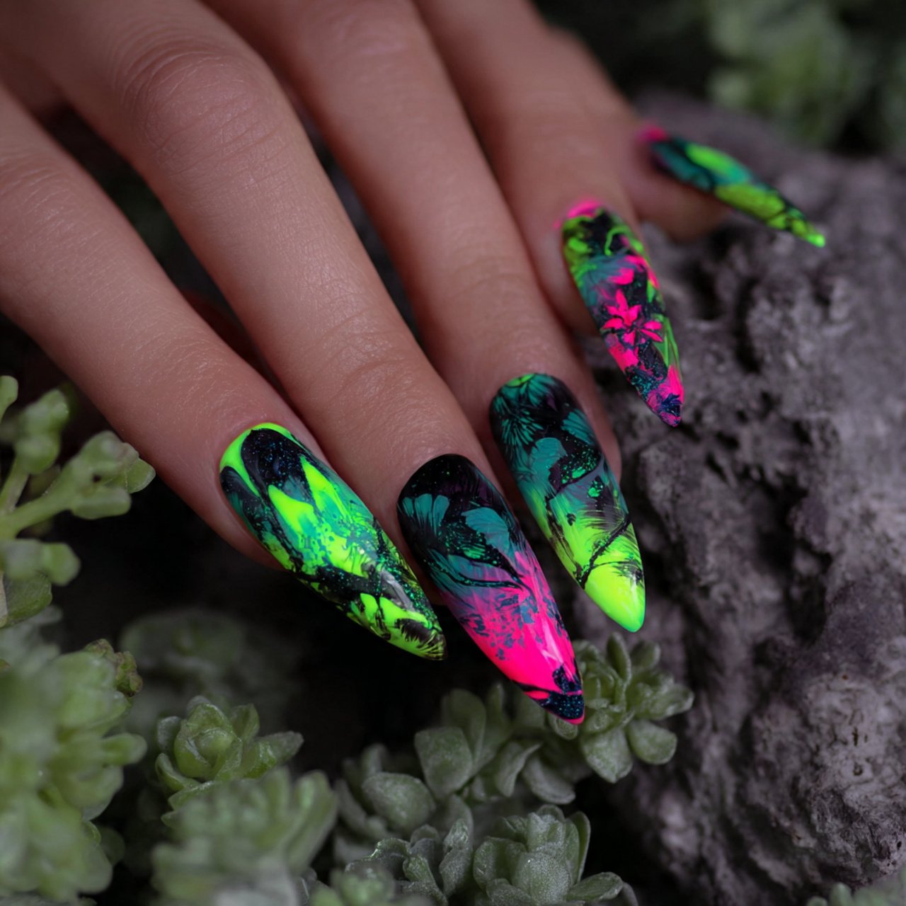 ghost faces with neon accents nature looks nails