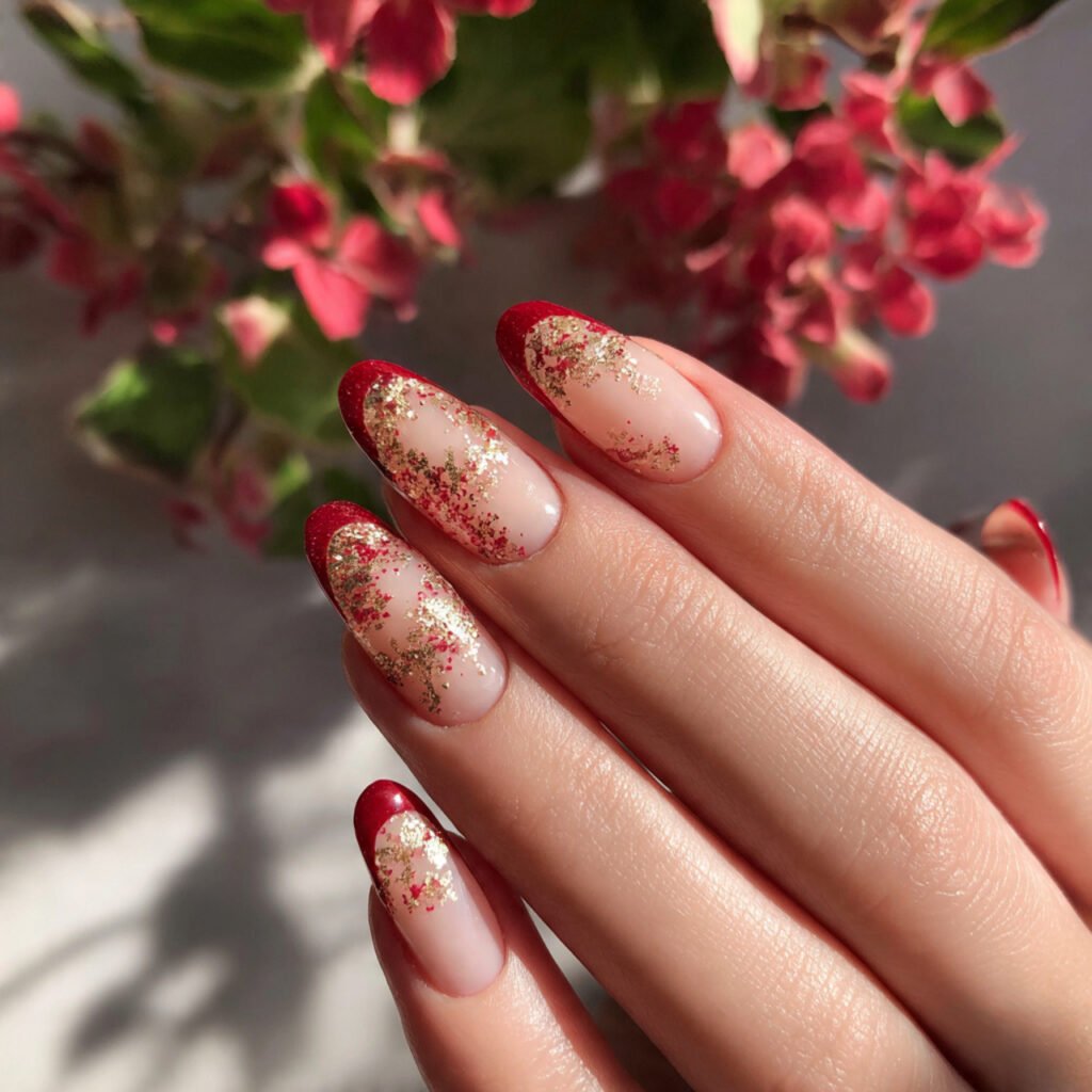 glitter red tips on natural nails with