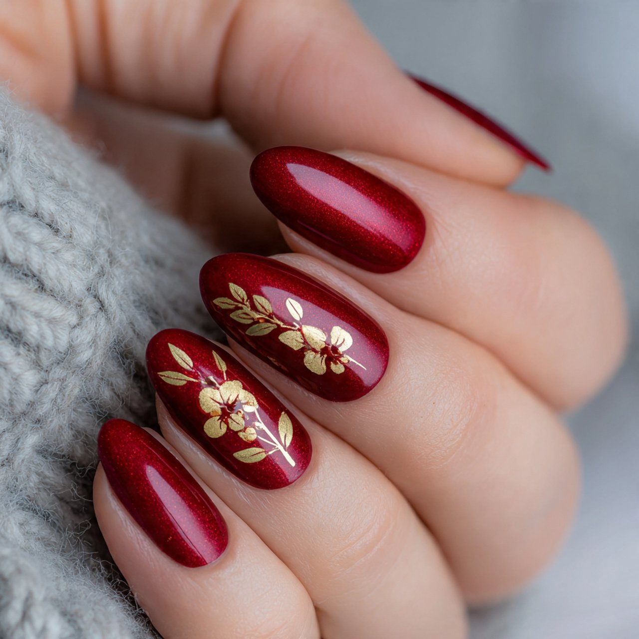 glossy cherry red with gold accents nature look na