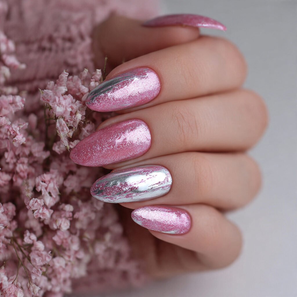 glossy pink with silver foil attractive nails