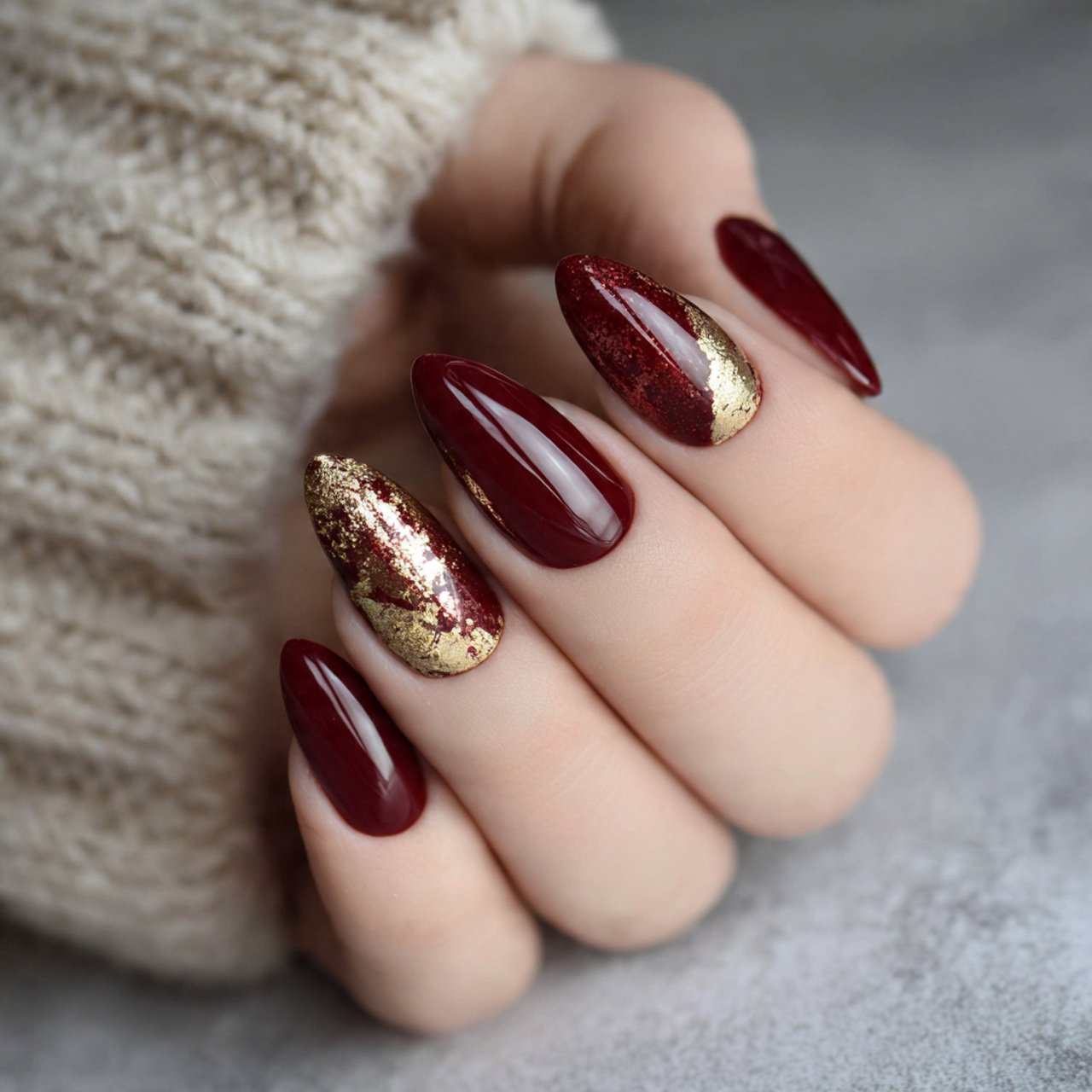 gold foil accents on dark red nails attractive nai