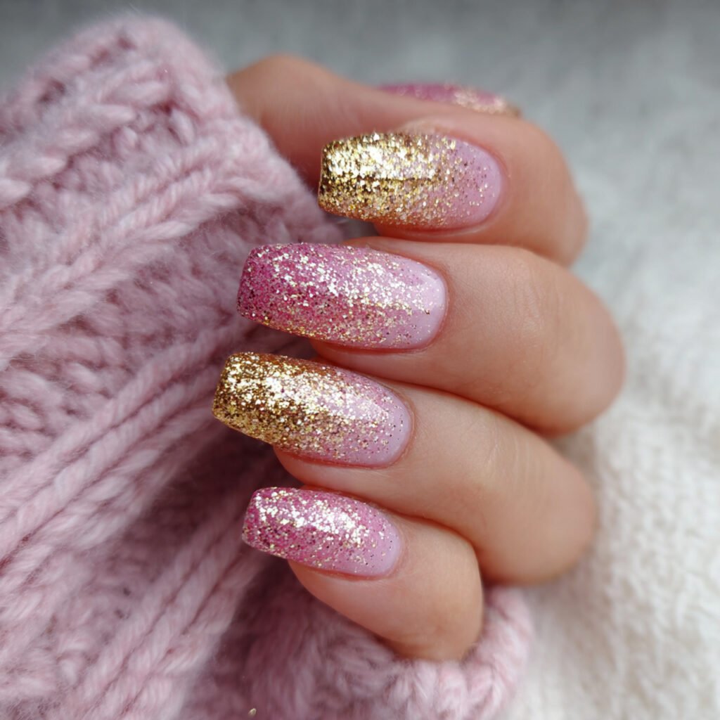 gold glitter gradient on pink base attractive nail