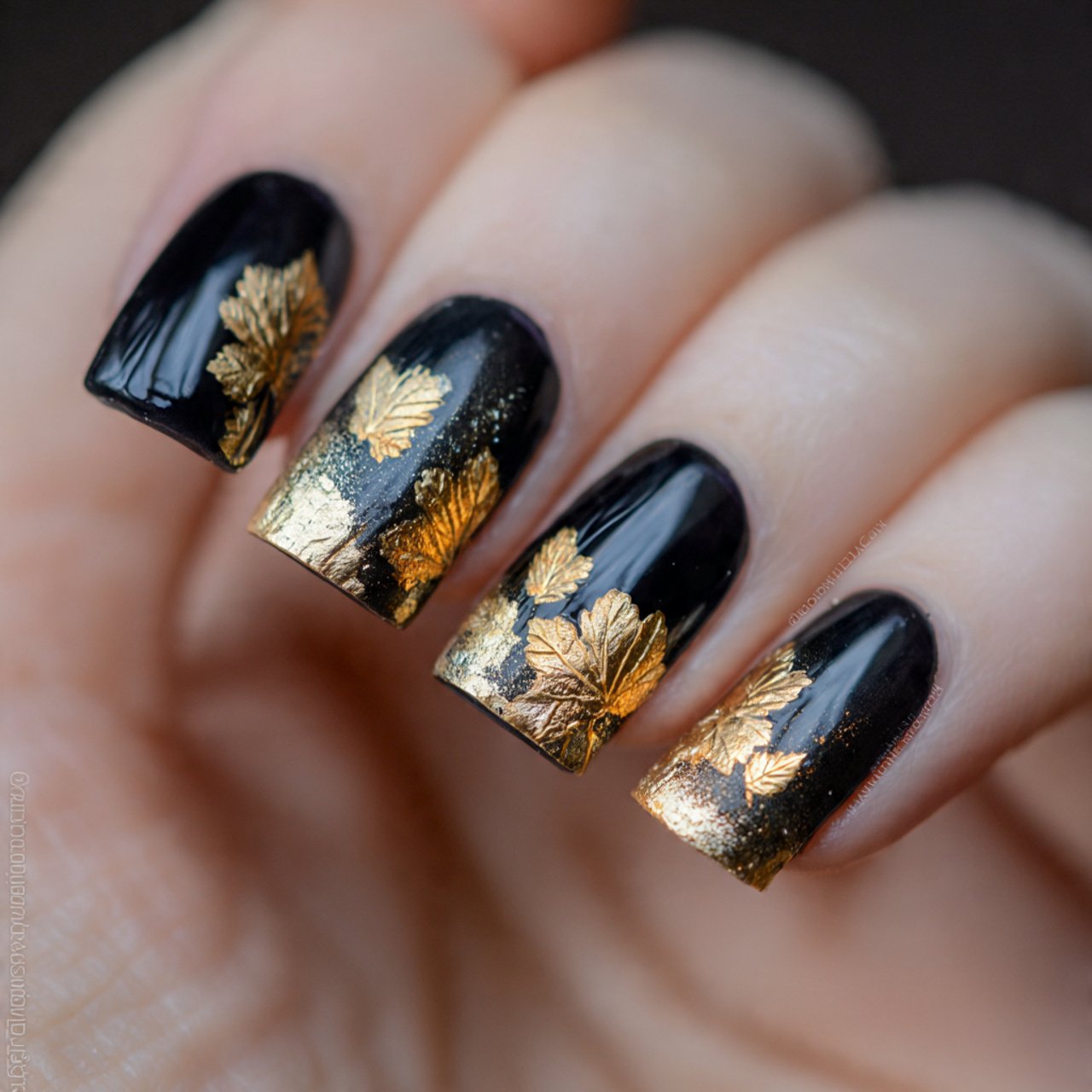 gold leaf on black nails nature look nails