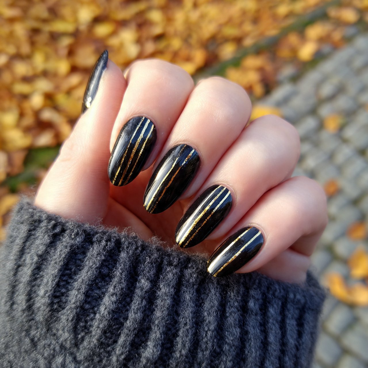 gold stripes on black nails nature look nails