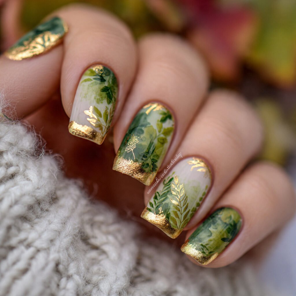gold foil accent nails on a nature