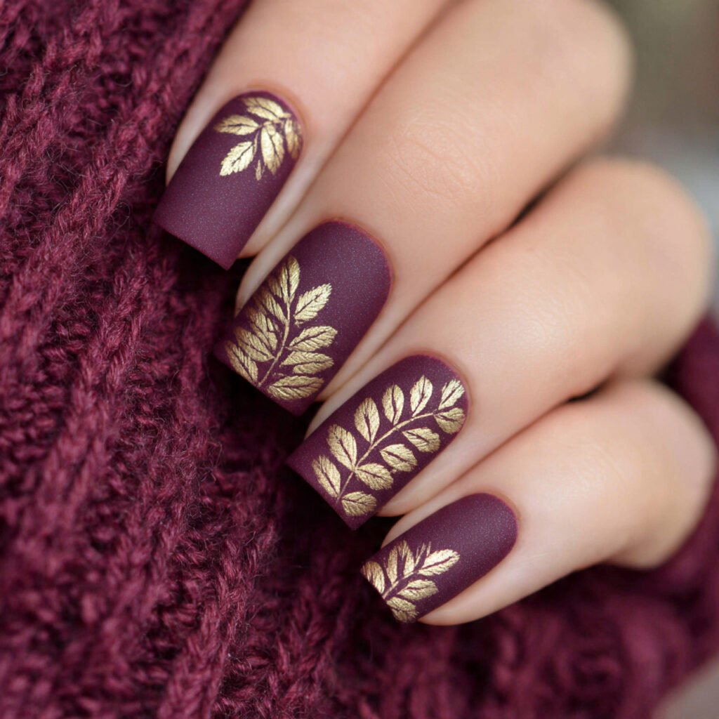 gold leaf on matte burgundy attractive nails