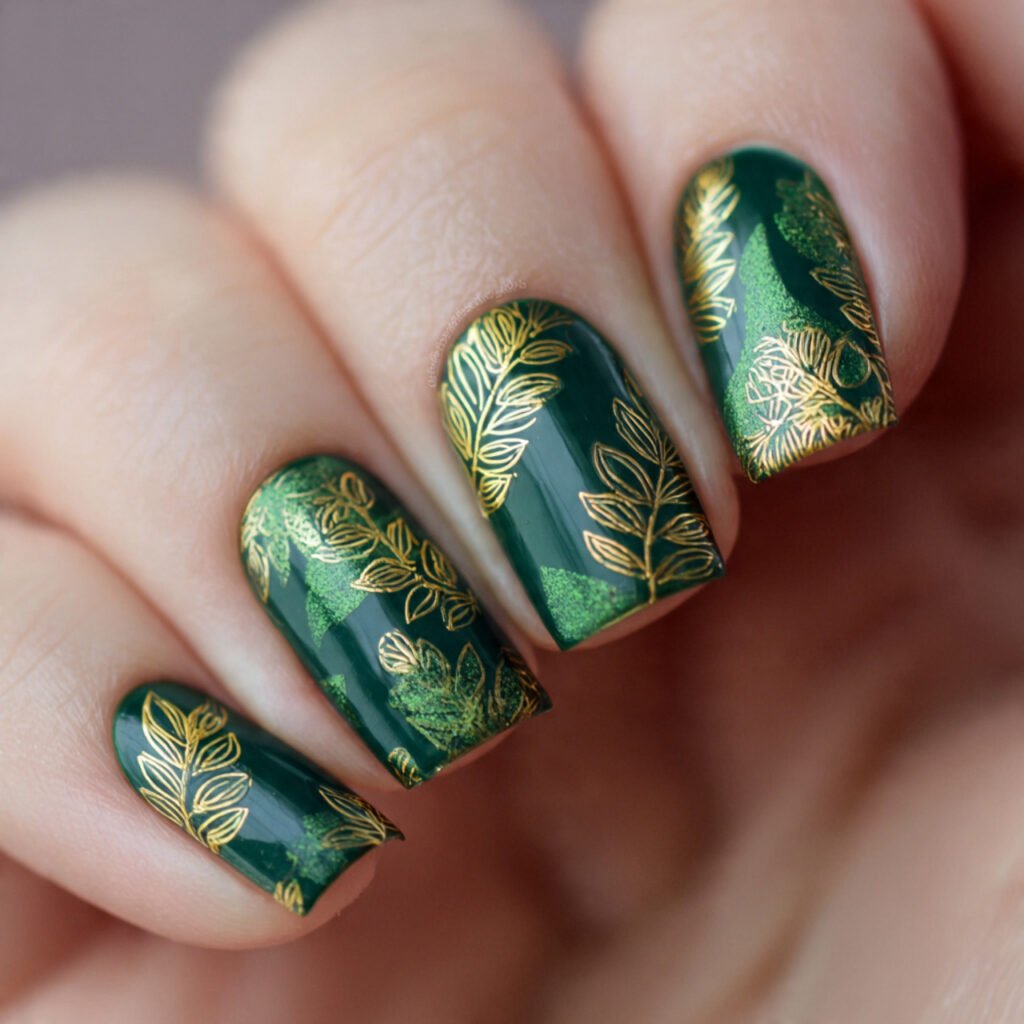 golden leaf designs on base attractive nails