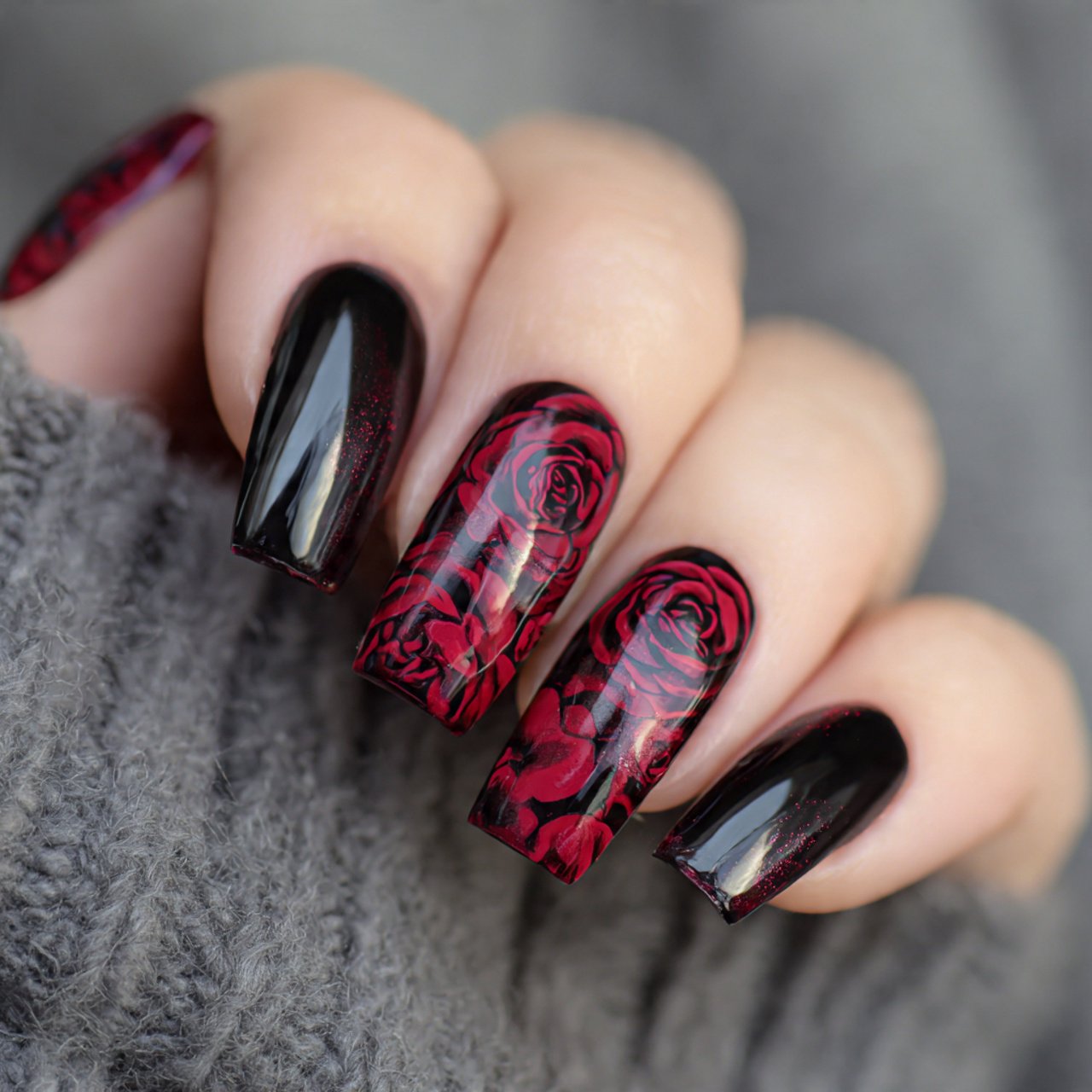 gothic black and red roses attractive nails