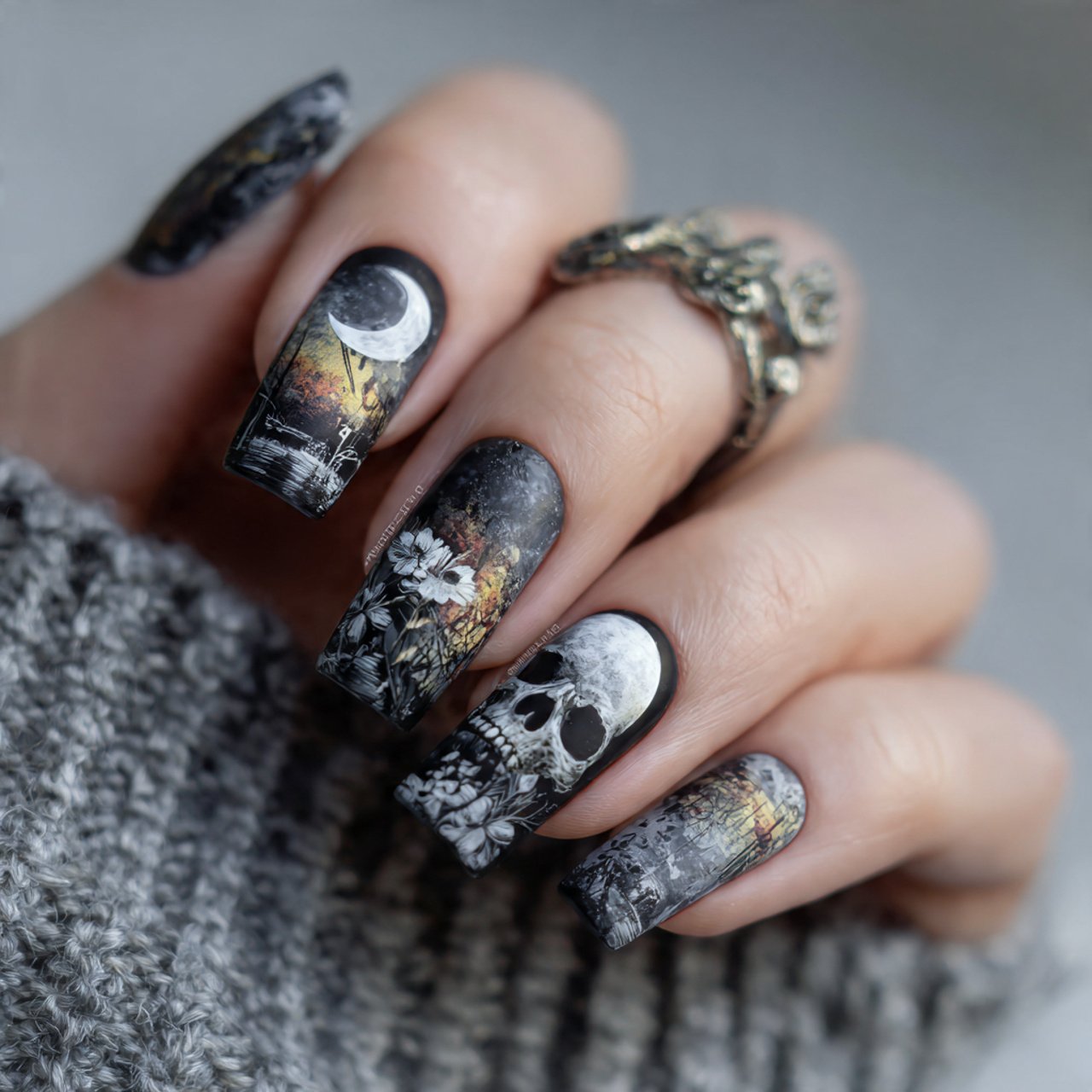 gothic moon skull design nature looks nails