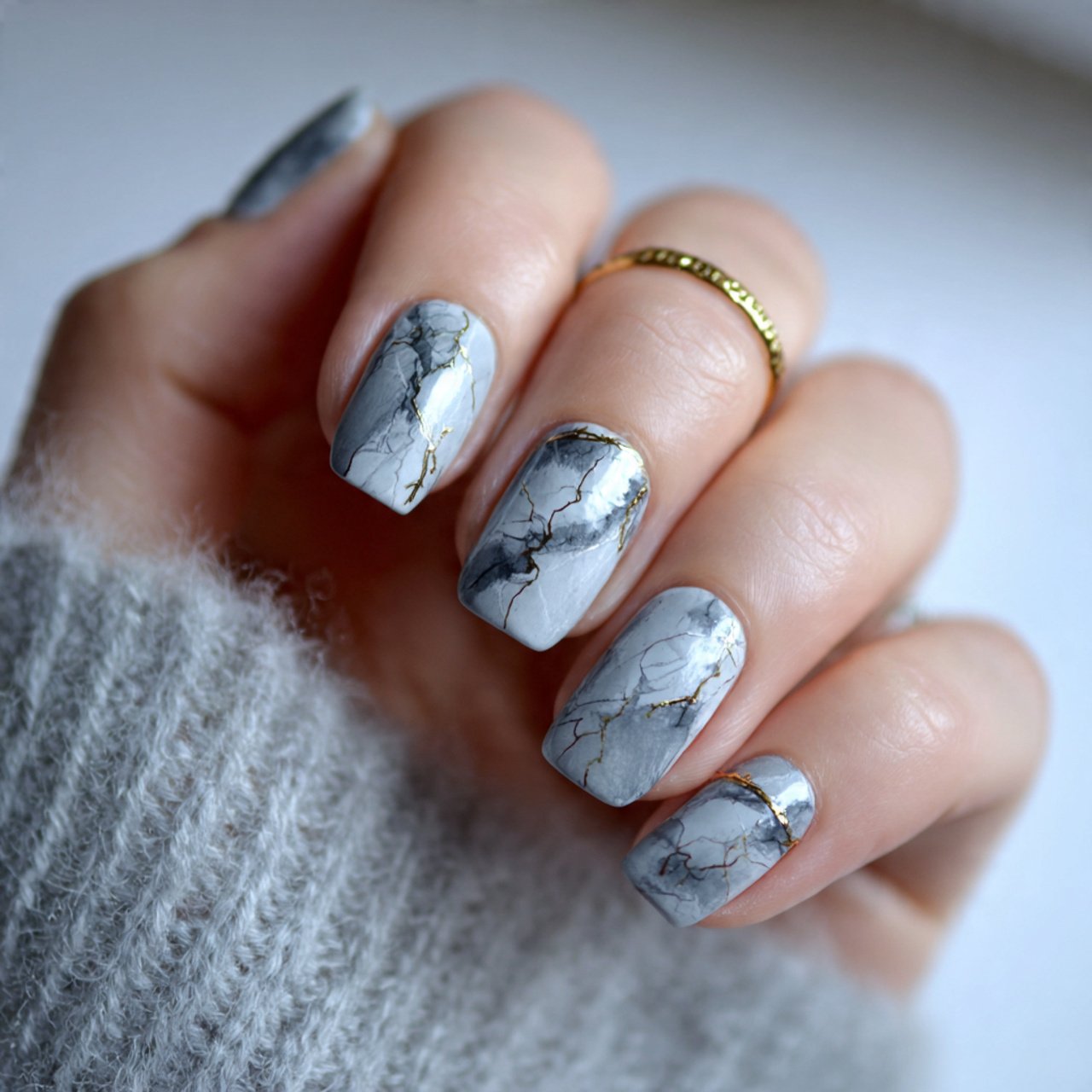 grey toned marble nature look nails