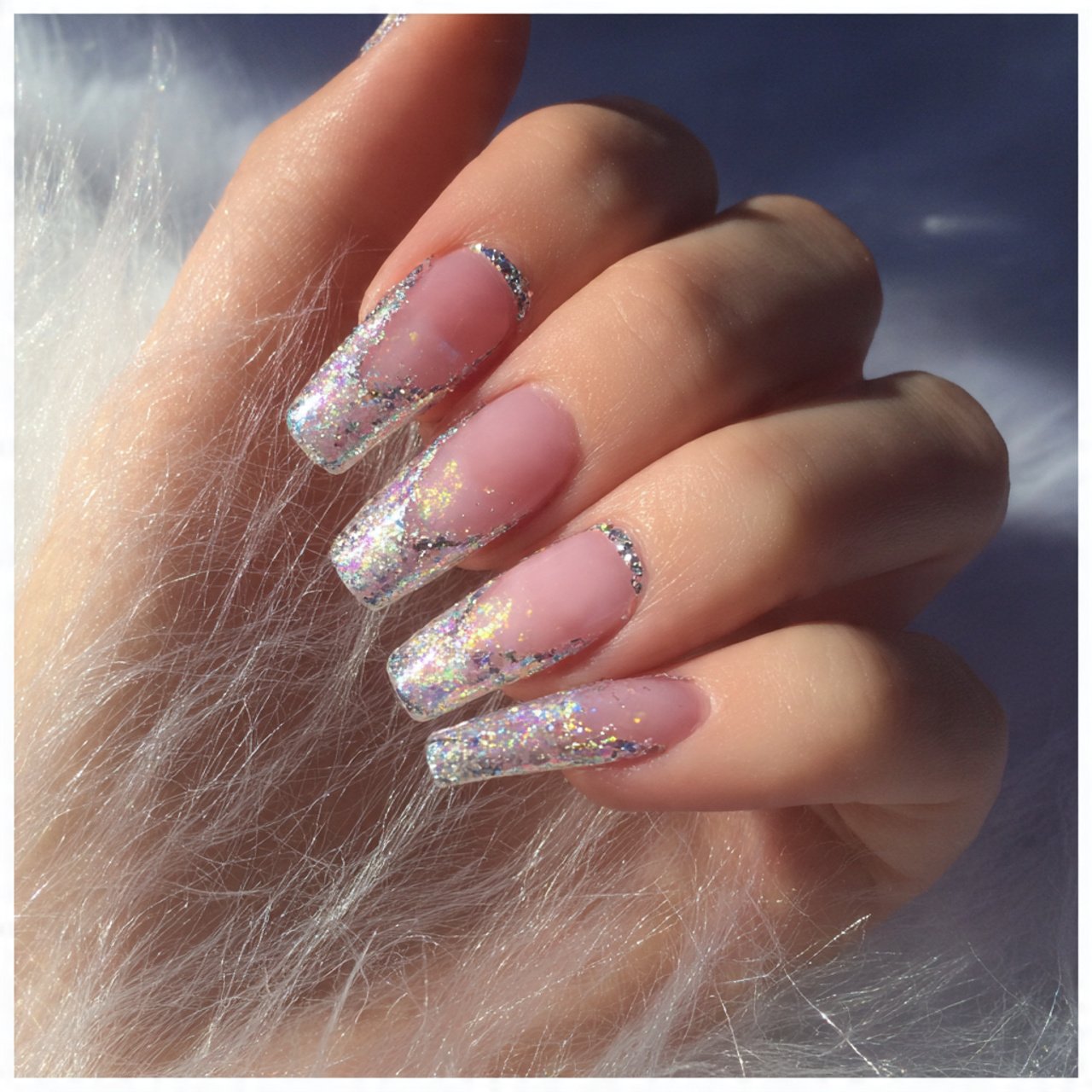 holographic french tips nature look nails