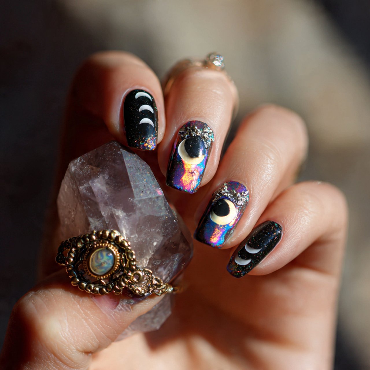 holographic moon phases creative looks nails