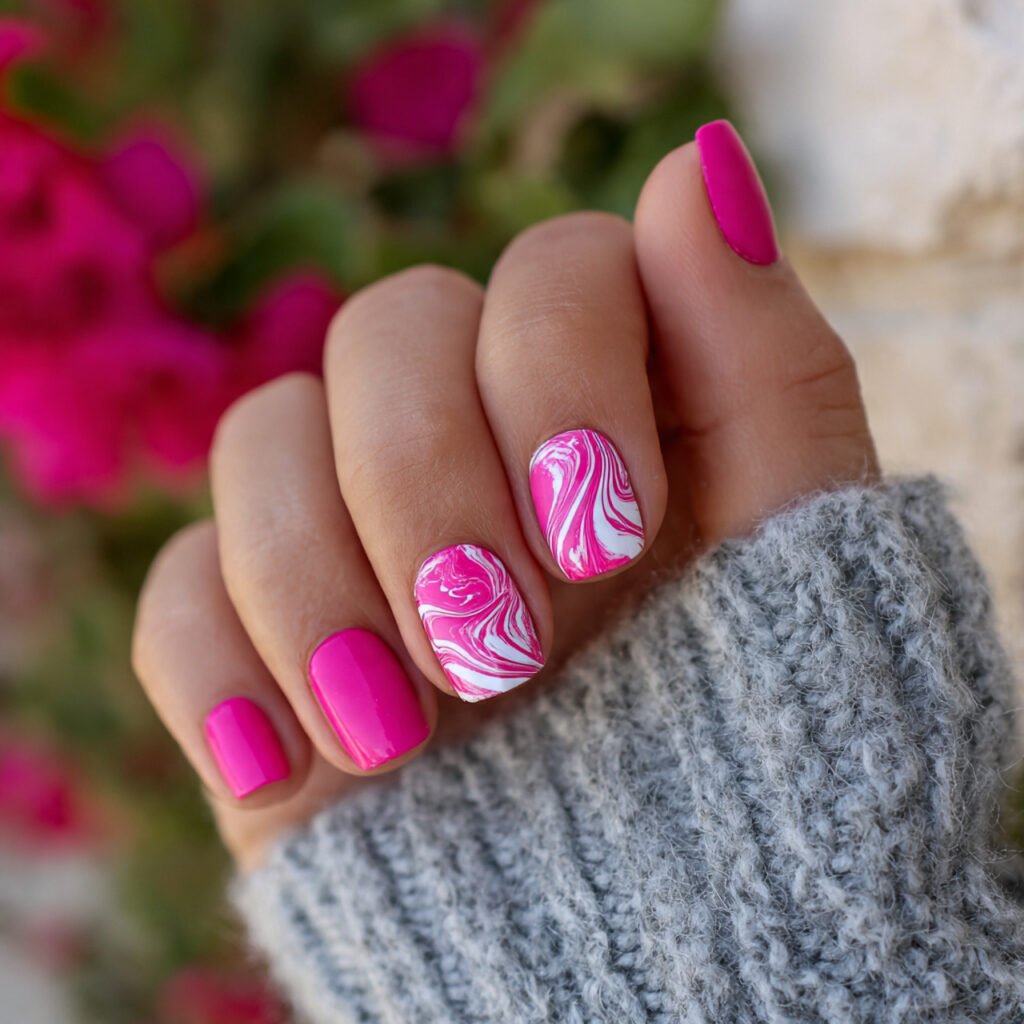hot pink pop minimal white swirls attractive nails