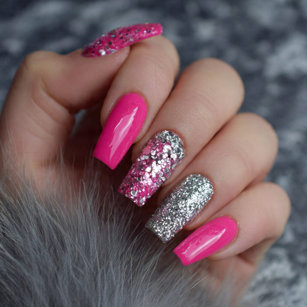 hot pink silver glitter nails attractive nails