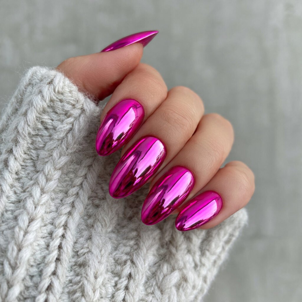 hot pink with chrome effect attractive nails
