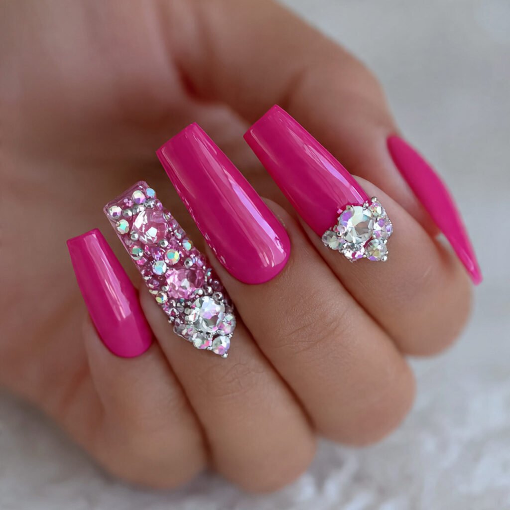 hot pink with crystal accents attractive nails