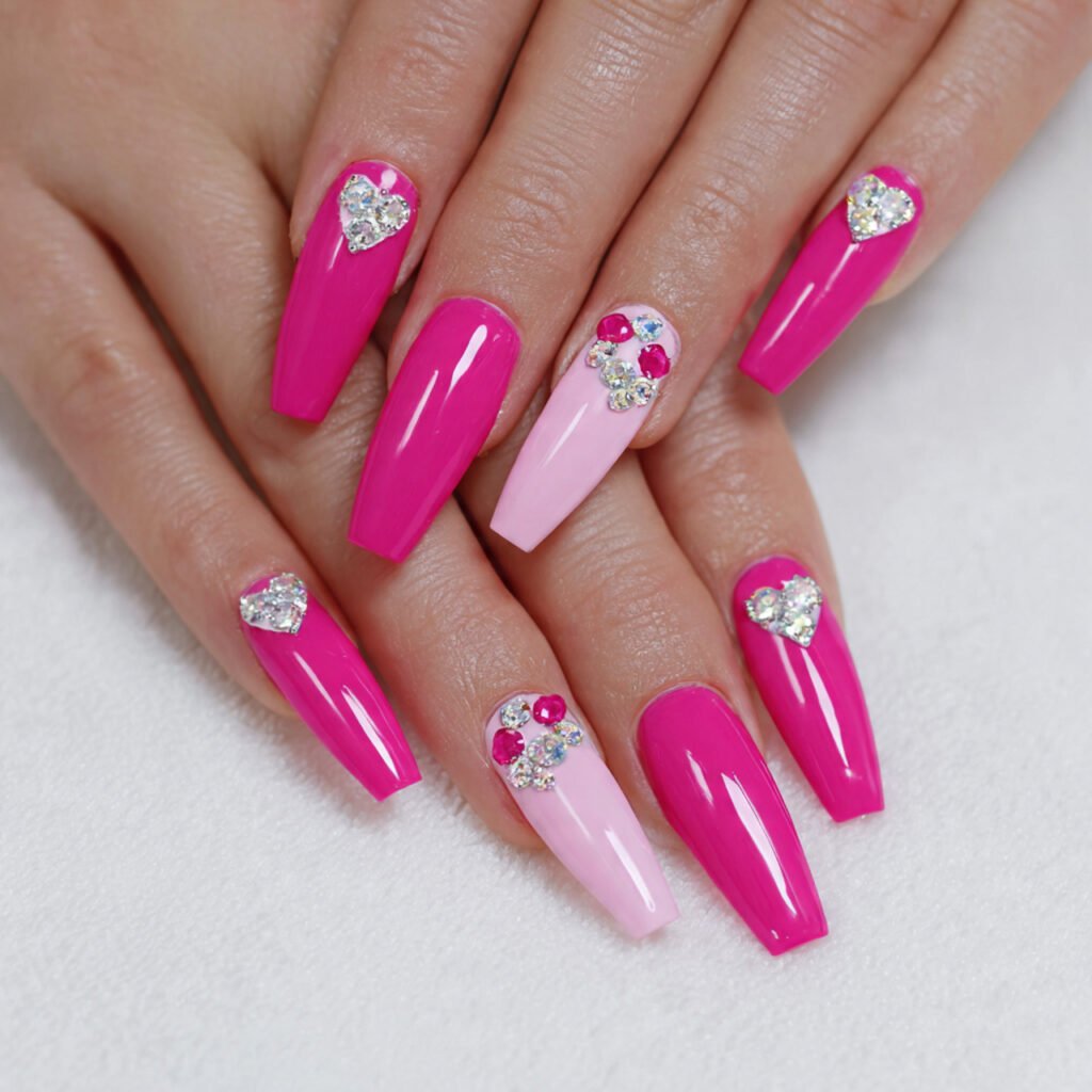 hot pink with heart accents attractive nails