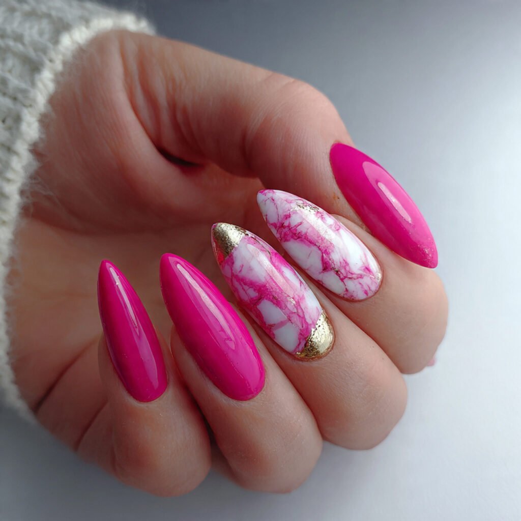 hot pink with marble accents attractive nails