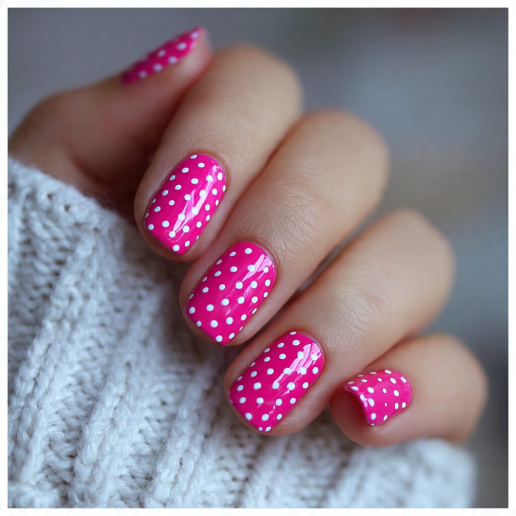hot pink with white dots attractive nails