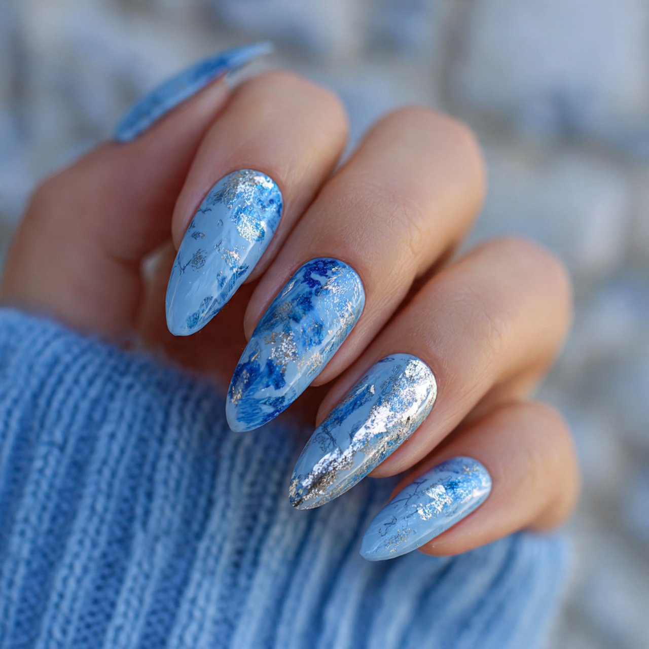 icy blue with silver foil nature look nails