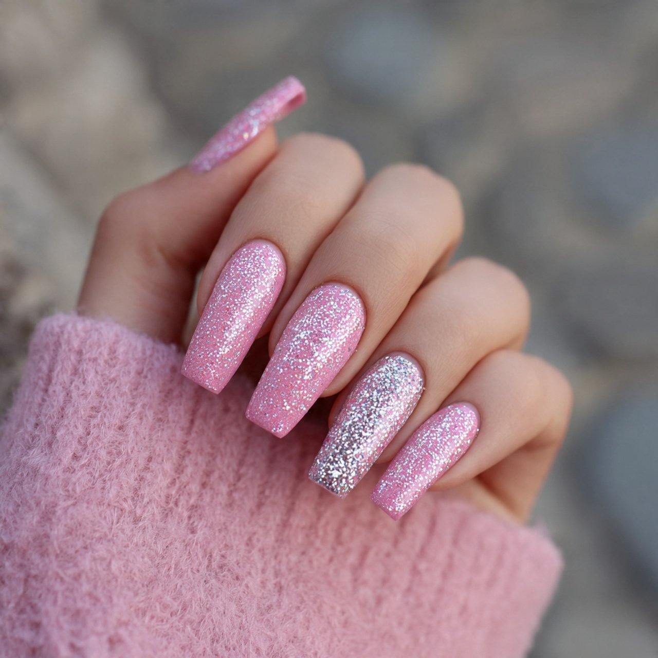 icy pink with silver glitter attractive nails