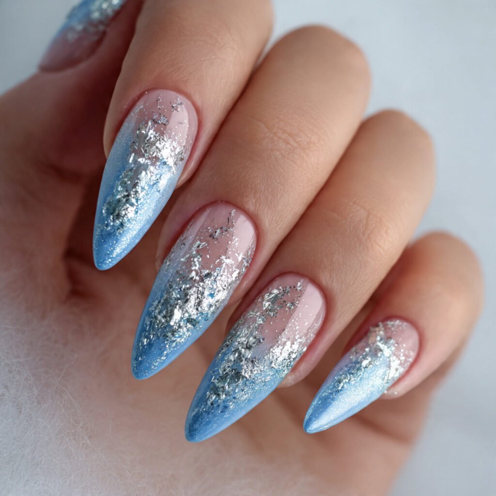 icy blue with silver tips attractive nails