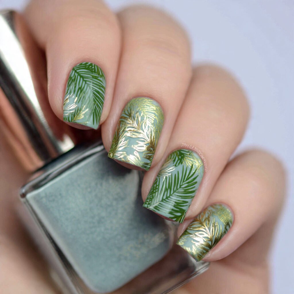 leaf imprint design on base attractive look nails