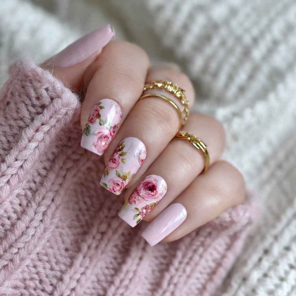 light pink floral art attractive nails