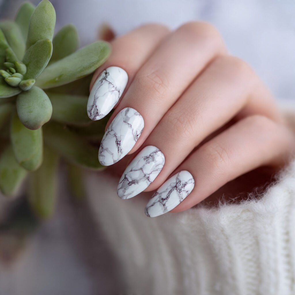 marble veins in white nature background nails