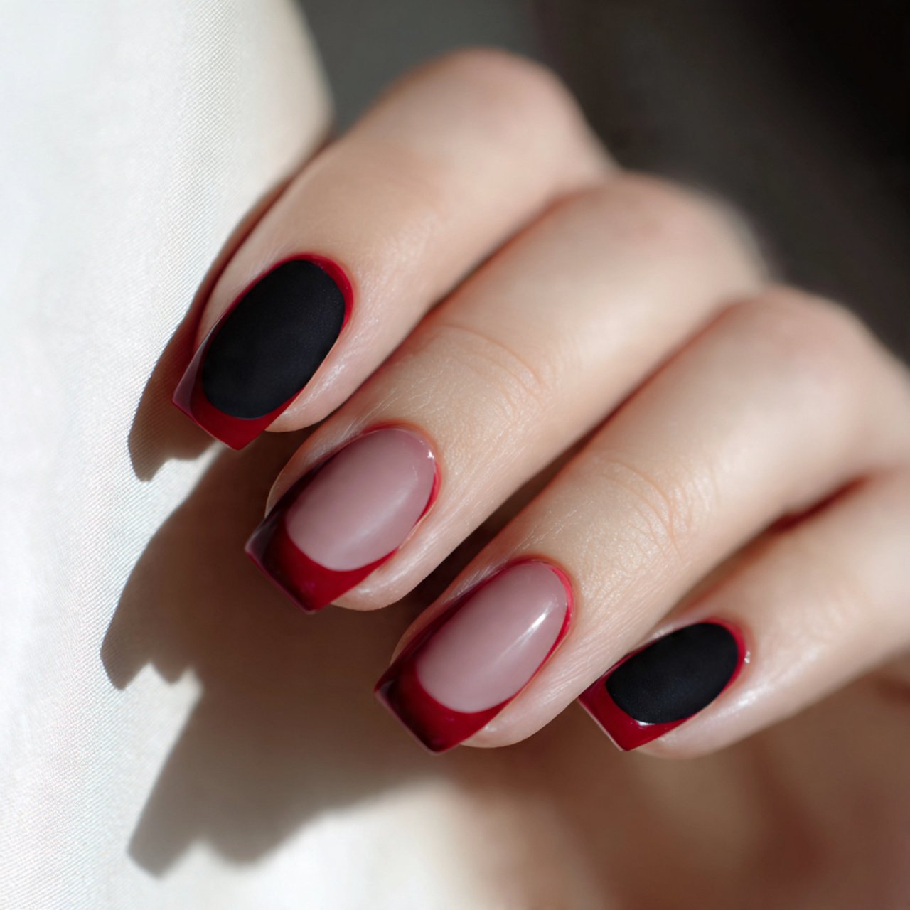 matte base with glossy red french tips nails