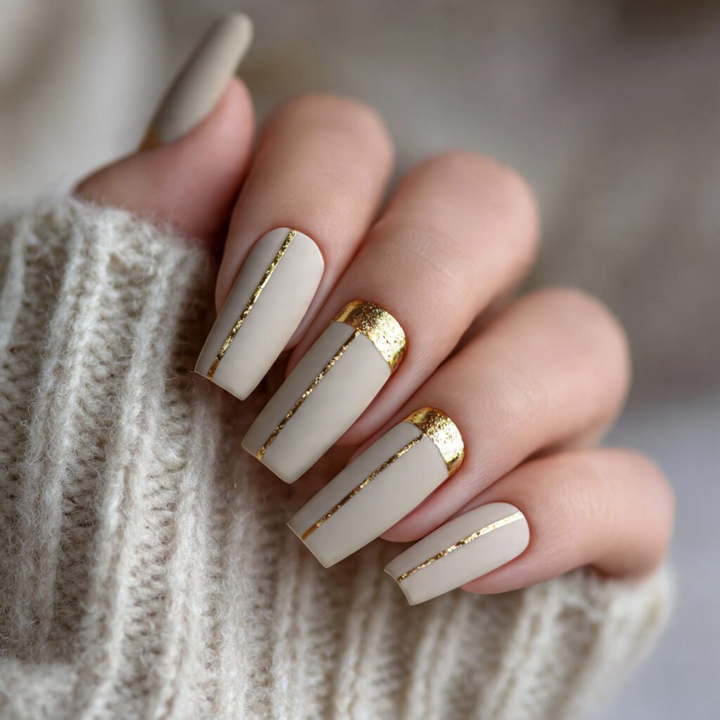 matte beige with gold accents attractive nails