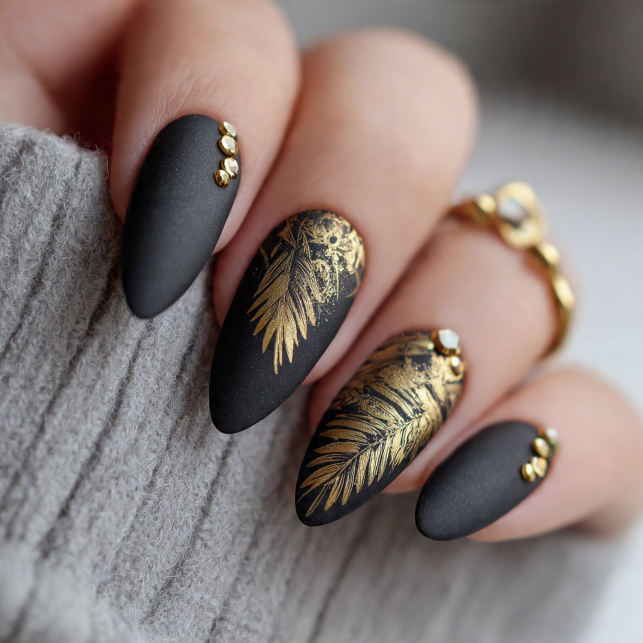 matte black and gold accents nature looks nails