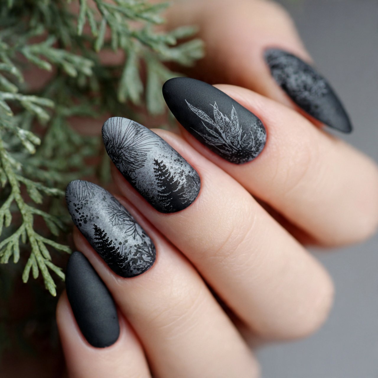 matte black chic nature look nails