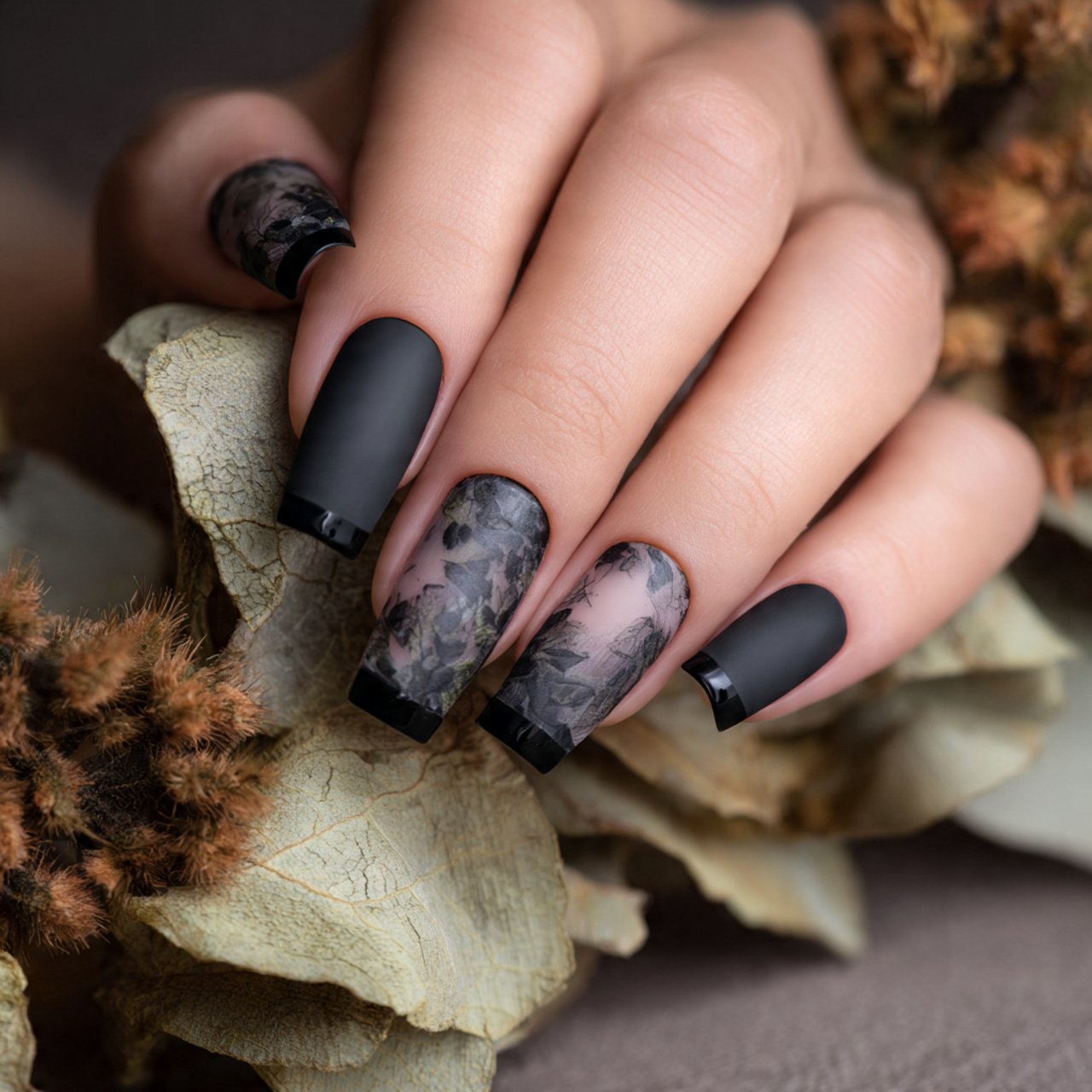 matte black french tips nature look nails