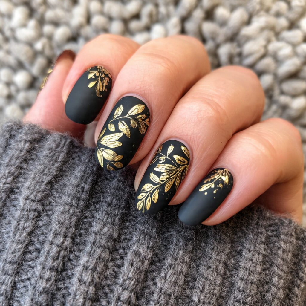 matte black gold accent nails nature looks nails 1