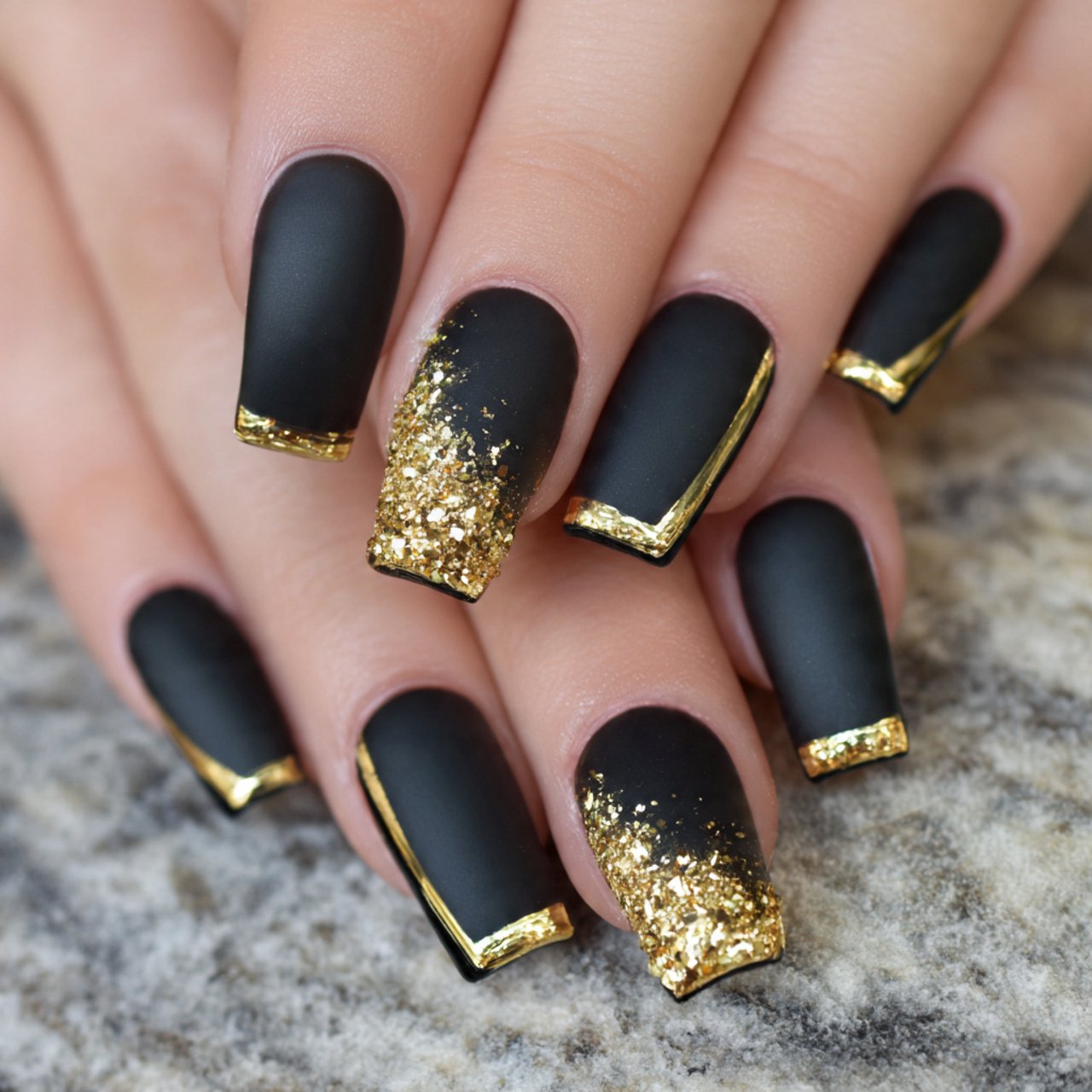 matte black with gold glitter tips attractive nail