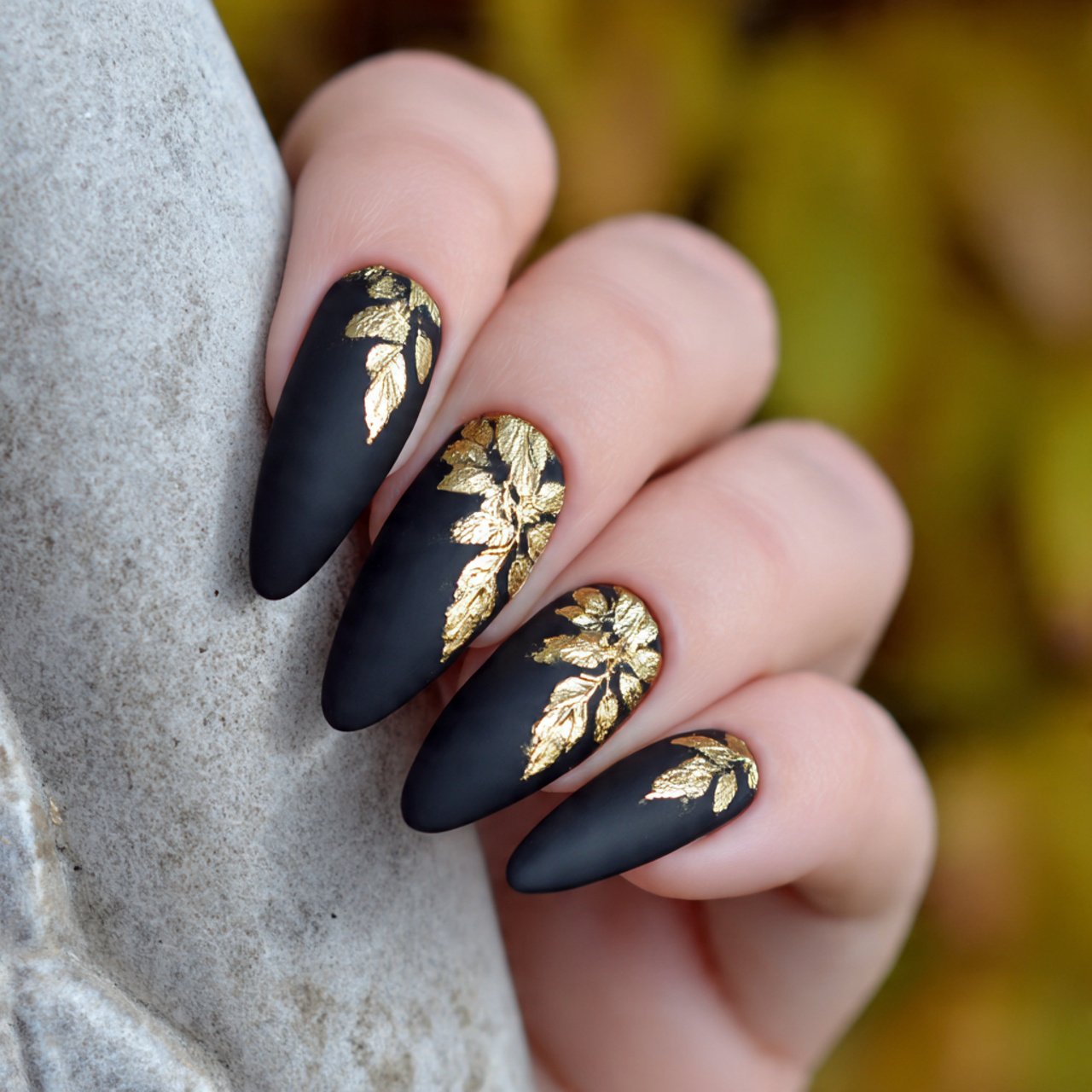 matte black with gold leaf accents attractive nail
