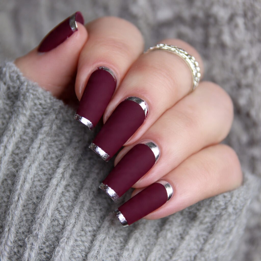 matte burgundy acrylic with glossy tips contrast s